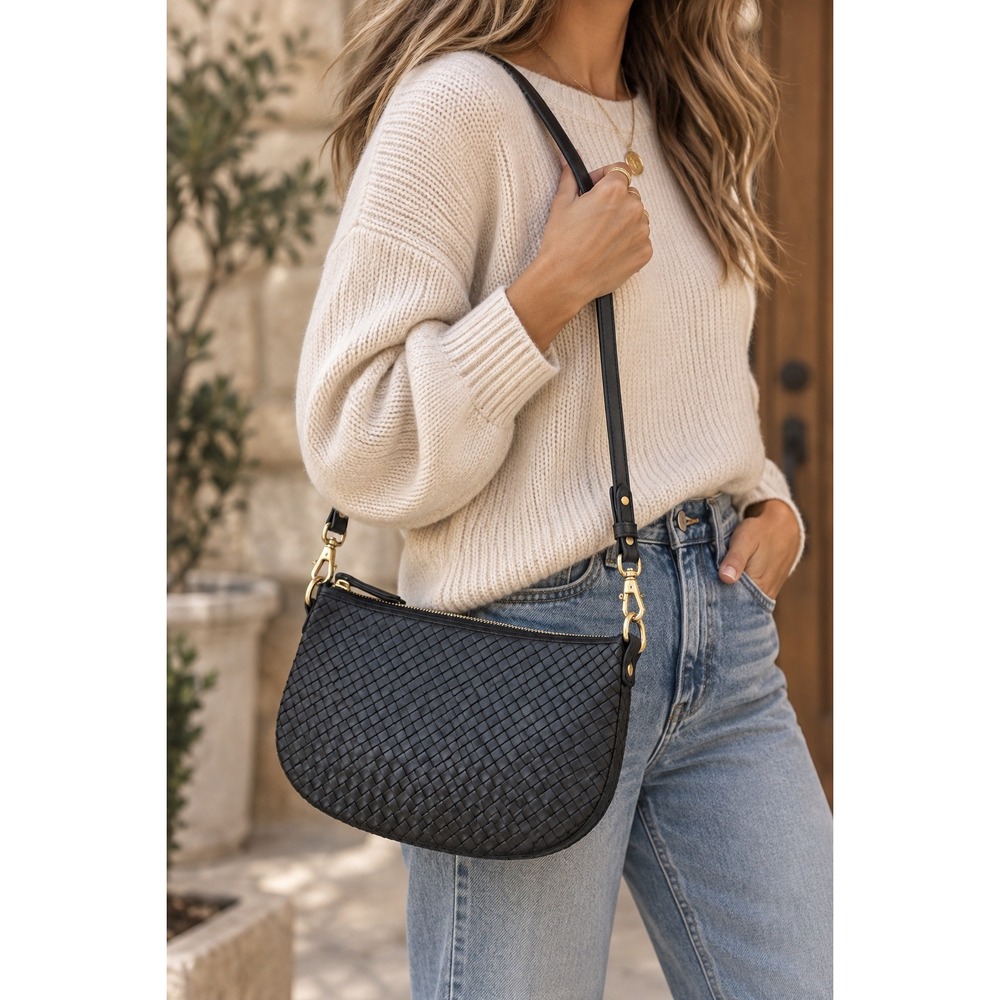Quince Sloane Handwoven Mini Shoulder Crossbody Bag Black Woven Leather